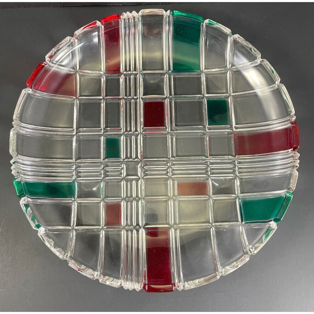 Christmas Platter 12.5" Holiday Plaid Home Beautiful Red Green Crystal Vintage